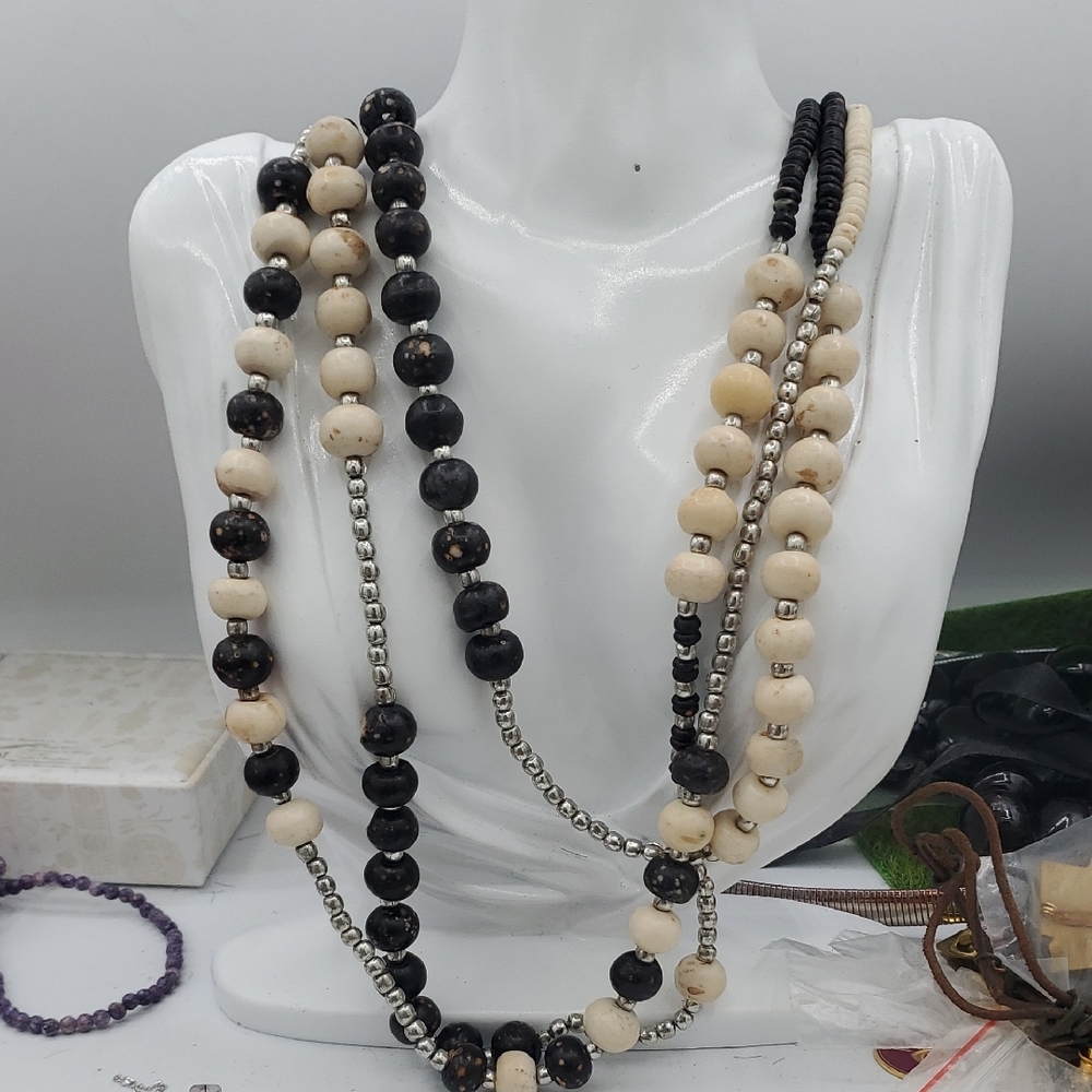 Multi-Strand Black and Cream Bovine Beaded Necklace N3914 42 Inch
